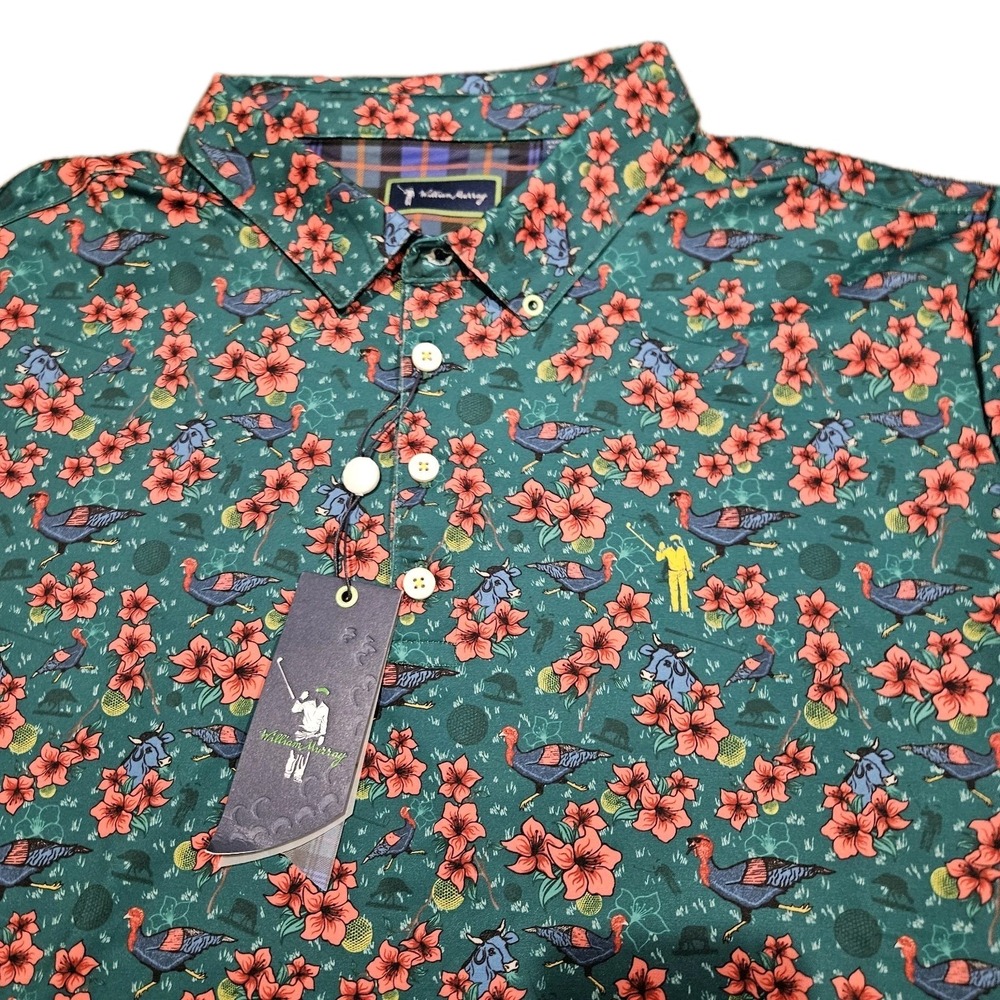 William Murray Golf Polo Shirt Men's Small Green Floral Animal Print Performance